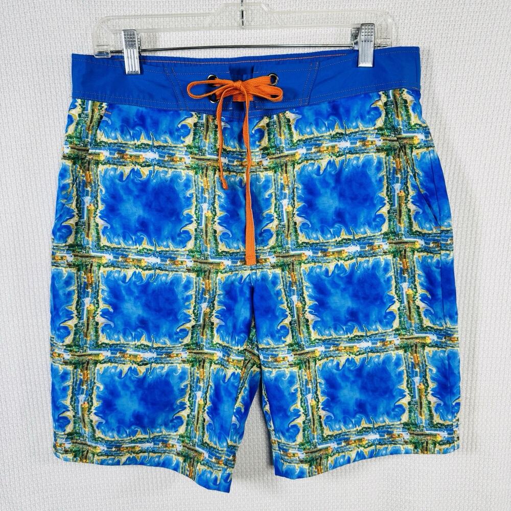 Robert Graham Swim Trunks Mens 32 Blue Orange Abstract Board Shorts Lined
